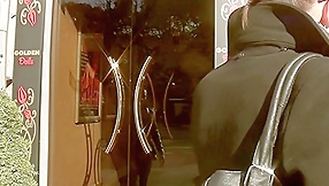 Berta in slut gets horny in a public toilet sex scene
